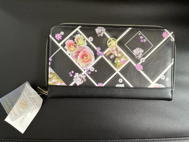 New Adrienne Vittadini Travel Wallet Passport Vegan Leather Black Floral Design