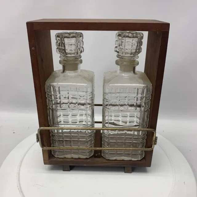 Vintage Pressed Glass Liquor Wine Decanters w/ Dovetailed Walnut Carrying Box