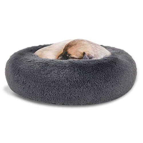 Plush Calming Dog Beds, Donut Dog Bed for Small X-Small | 20"x20" Dark Grey