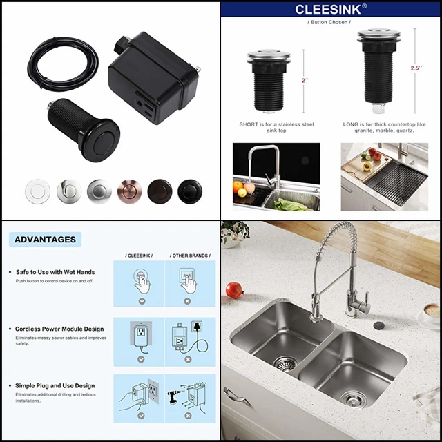 GARBAGE DISPOSAL SWITCH, Cordless Air Switch Kit for Food Waste