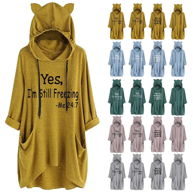 Women Casual Long Sleeve Printed Cat Ear Hoodies Sweatshirt Tunic Pockets Blouse