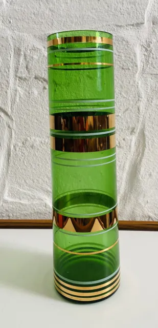 Borske Sklo Green Gold White Stripe Art Glass Vase. Czech MCM Vintage Conical