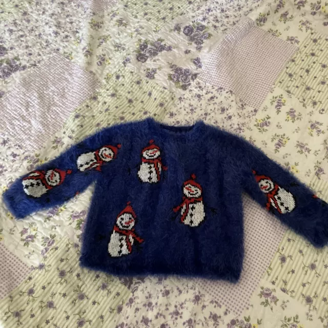 Next Girls Fluffy Blue Snowman Print Christmas Winter Xmas Jumper Age 3 Years