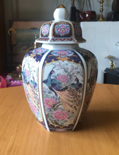 JAPANESE HEXAGONAL GINGER JAR/URN-PEACOCK/PEONY FLOWER/GILDED DECORATION-H18.9cm