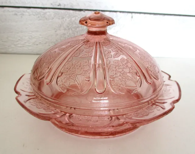 Jeanette Pink Depression Glass Cherry Blossom Butter Dish Covered Dome 1930s