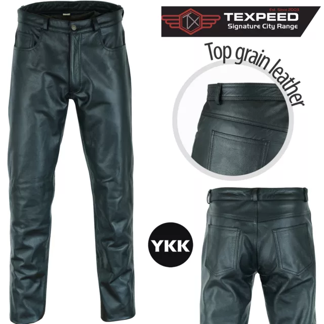 Cuir Noir Hommes Pantalon Moto Jeans Motard Cuir de Vache Souple Pantalon