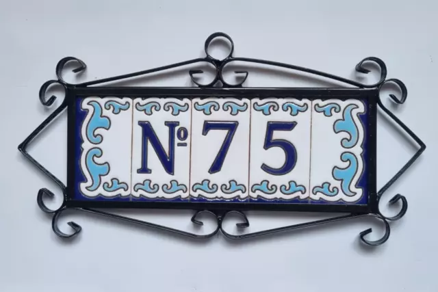 7.5 x 3.7cm Hand-painted M-04 Ceramic Blue & White Number Tiles & Metal Frames