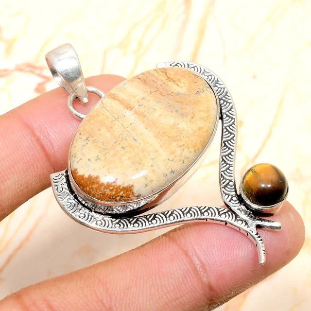 Picture Jasper, Tiger Eye Gemstone Handmade Gift Jewelry Pendant 2.16" y934