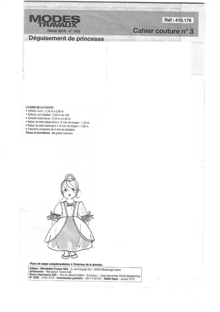 Patron Original De Couture Poupée Françoise - 3 Tenues - Modes Et Travaux Novembre 1976