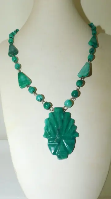 Gold Tone 28" Green Carved Alabaster Aztes Pendant Green Bead Necklace