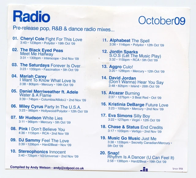 CD POOL RADIO octobre 2009 RoyaumeUni 20 pistes CD promotionnel Cheryl