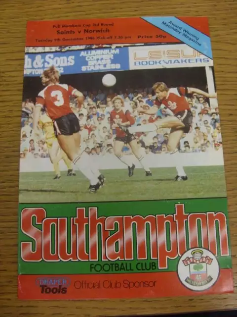 09/12/1986 Southampton v Norwich City [Full Members Cup] (folded). Condition: Li