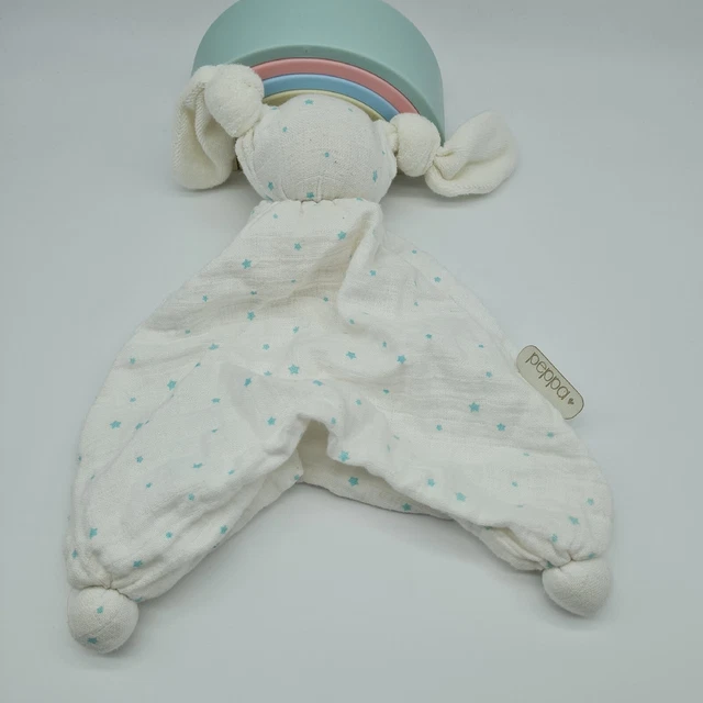 26 - Doudou Plat Lapin Blanc Etoile Bleu Peppa Lange Coton Gaz Noeud