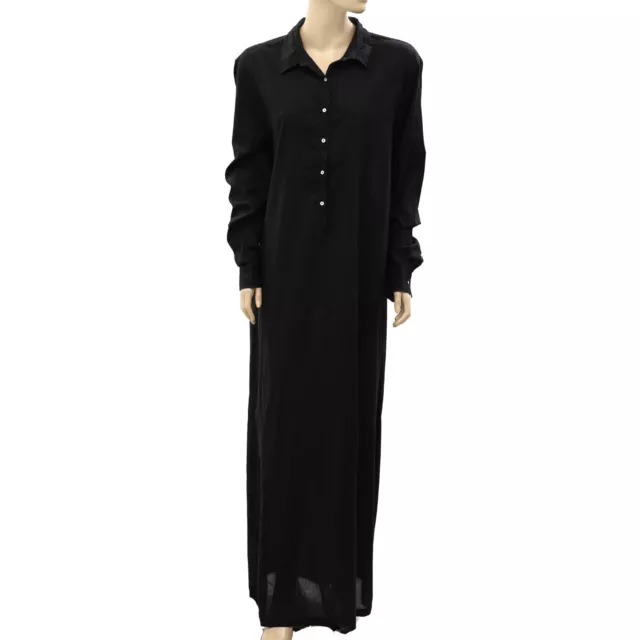 Nili Lotan Solid Long Sleeve Cotton Long Maxi Dress Black Collared XS New 262517