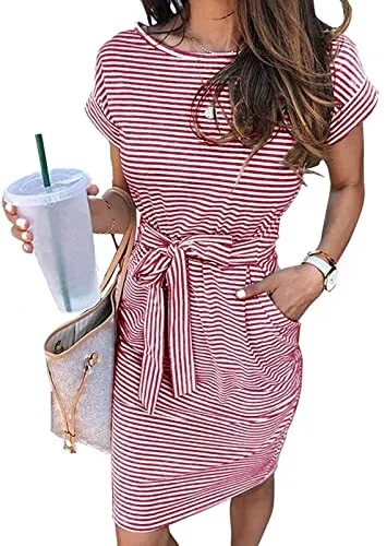MEROKEETY Womens Striped Short Sleeve T Shirt Dress Tie Waist Pockets Wine - L
