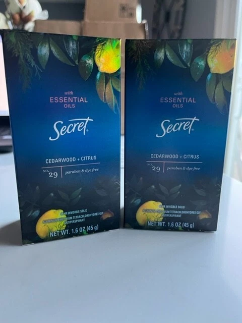 Lot of 2 Secret Antiperspirant Deodorant Essential Oils Cedarwood + Citrus No 29 Lot of 2 Secret Antiperspirant Deodorant Essential Oils Cedarwood + Citrus No 29