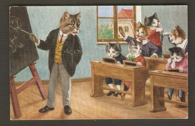 ILLUSTRATEUR   carte postale ancienne 1931 CHATS HUMANISES   scène de Classe