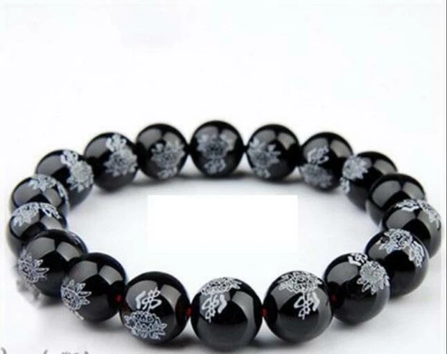 14mm Black Agate carving Buddha Gemstone Mala Stretchy Bracelets Lucky Wrist