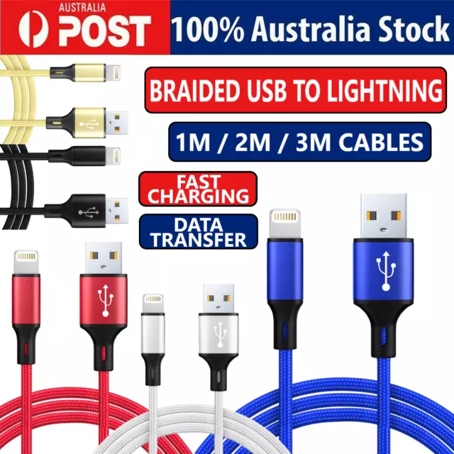 1M 2M 3M Braided USB Fast Data Cable Cord For iPhone 14 13 12 11 Pro Max XR iPad