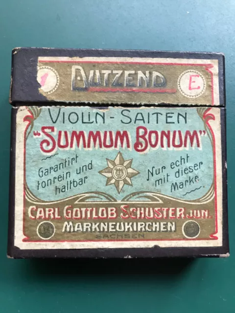 Violin-Saiten SUNNUM BONUM, Carl Gottlob Schuster MARKNEUKIRCHEN Schachtel antik