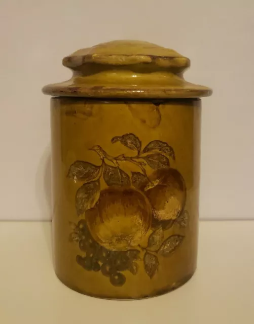 Vintage MCM Holiday Designs Large Rustic Fruit Print Marigold Ceramic Cannister