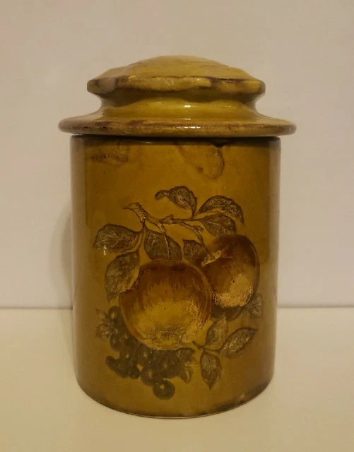 Vintage MCM Holiday Designs Large Rustic Fruit Print Marigold Ceramic Cannister
