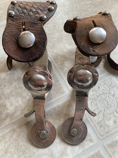Vintage Crockett Spurs With Leather Straps Rowel Mexican Silver Coin 1956 Peso