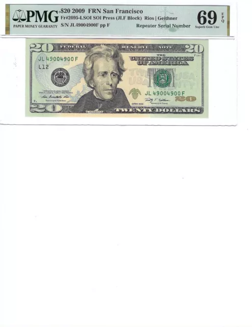 2009 $20 Federal Reserve Note FR2095 PMG 69 Superb Gem EPQ, Repeater S/N!!!