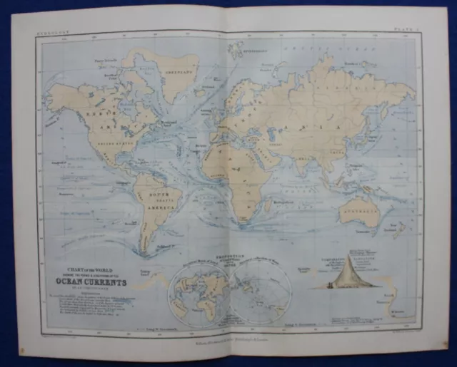 OCEAN CURRENTS OF THE WORLD, original antique atlas map, A.K. Johnston, 1853