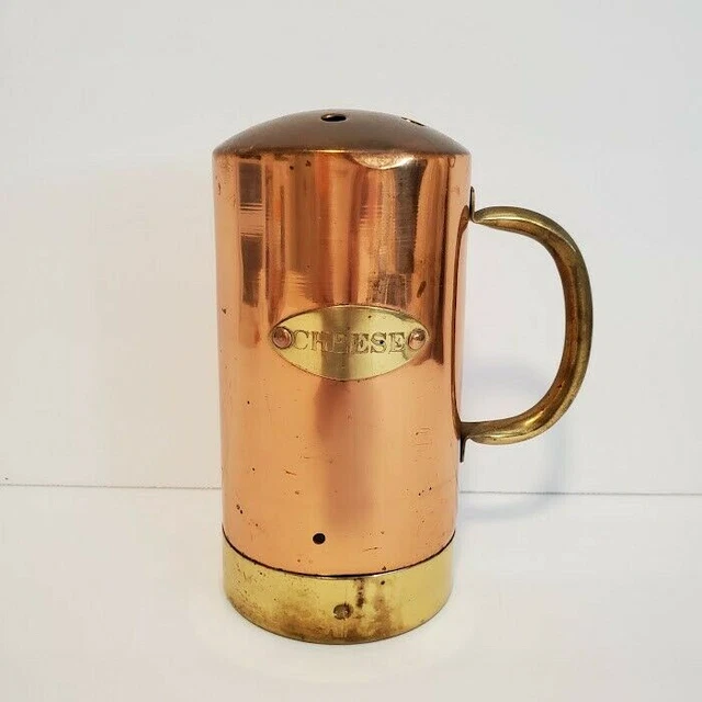 Vtg Old Dutch Copper Brass Cheese Shaker Riveted Label Handle Large Patina 70's