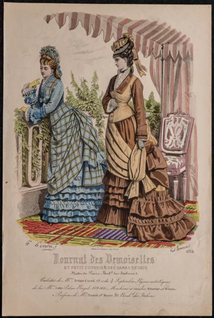 1875 - Gravure de mode du Journal des demoiselles - Couleurs - Robes et costume