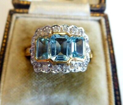 Fine 9ct Gold Real Diamond & Blue Topaz Art Deco Design Ring