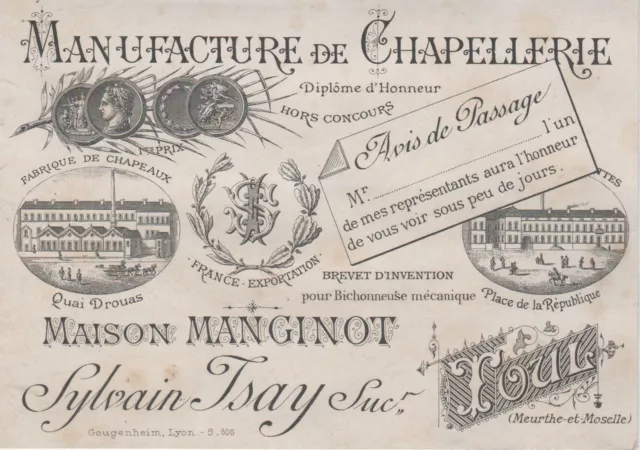 "MANUFACTURE DE CHAPELLERIE MANGINOT Toul" Etiquette-chromo originale fin 1800