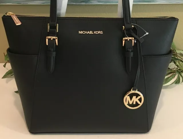 MICHAEL KORS CHARLOTTE Ciara Large Zip Tote Shoulder Bag Black Leather ...