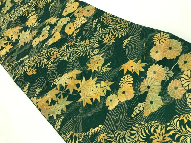 6532216: Japanese Kimono / Antique Nagoya Obi / Woven Maple & Kiku With Stream