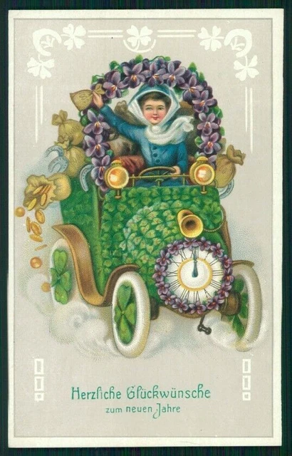 Art Nouveau Lady New Year Four Leaf Clover Luck Purple Violets postcard TC3113