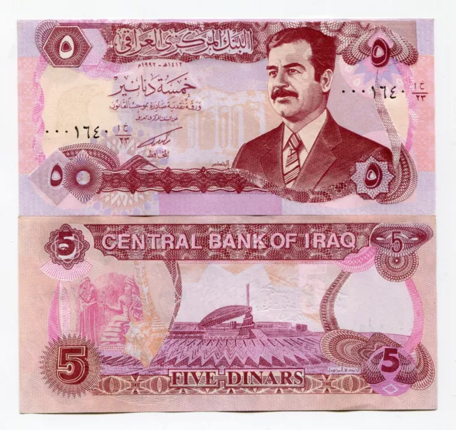 Saddam Iraqi 5 Dinar Banknote Unc Iraq Braille Version P80a Paper Money