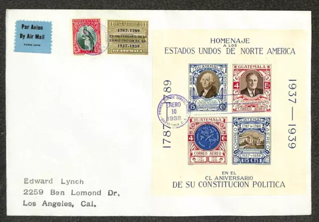 Guatemala #275 C92 S/S Ra7 Stamps Fdc Airmail Cover To Usa 1938