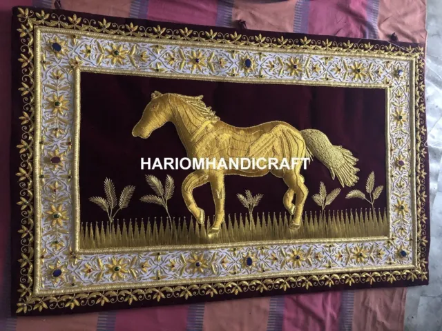 Horse Art Wall Hanging Interior Golden Wires Zardosi Jeweled Persian Decor M122