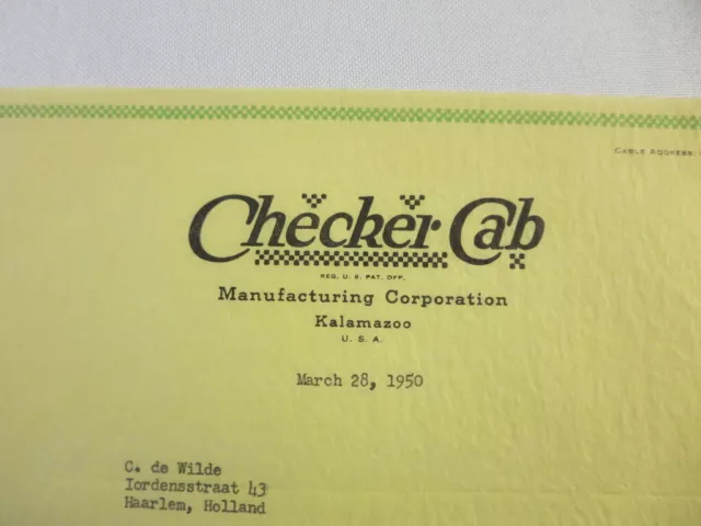 1950 Checker Cab Manufacturing Corporation Car Company Letter Letterhead