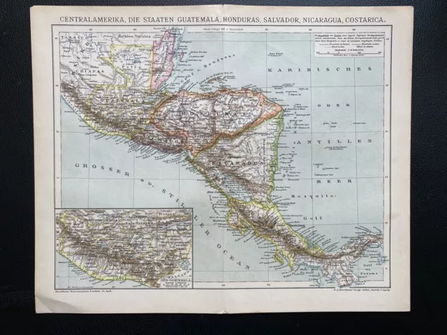 antike historische Landkarte Guatemala, Honduras, Salvador, Nicaragua 1900