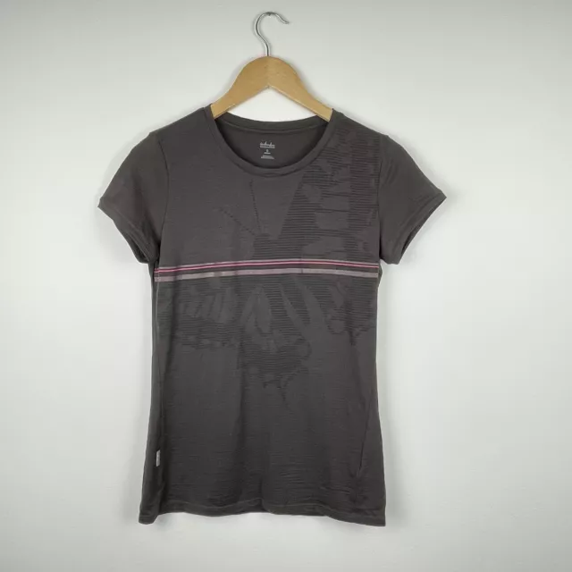 T-shirt top lana Icebreaker merino piccola marrone a righe rosa stampa farfalla