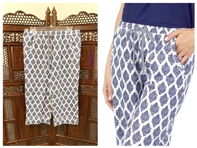 *Soft* Midnight By Carole Hochman S Boho Floral Cotton Pj Capri Pants Pocket Nwt