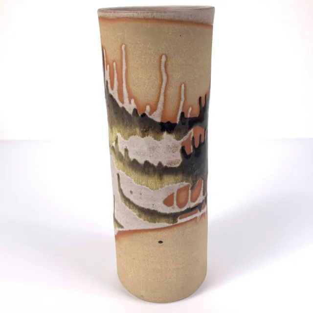 Studio Pottery Drip Glaze Vase Green Brown White 23cm x 8cm Straight Cylinder