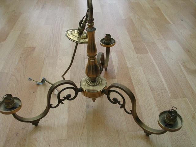 Brass three branch centre light fitting and + 2 x two branch wall lights. 1970s