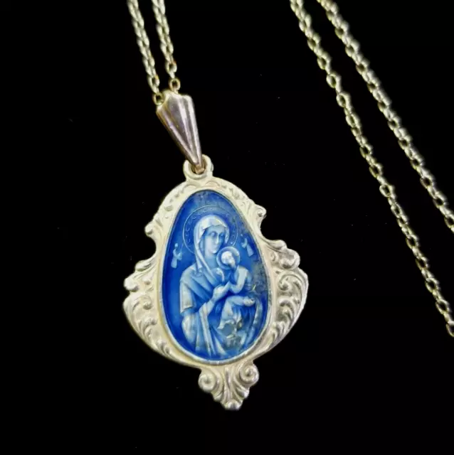 950 Sterling Silver Medal Pendant Blessed Mother Child Orthodox Blue Enamel VTG