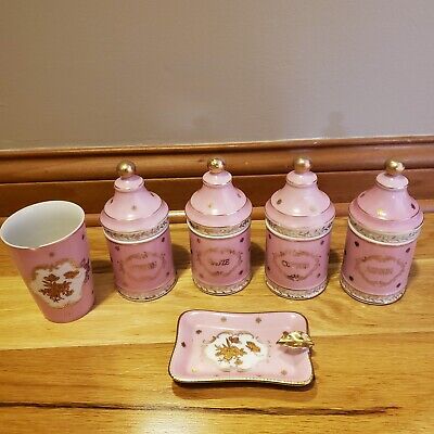 Vintage Shafford Japan Vanity Bottles Canister Cup Pink Rose D'or Aspirin Cotton