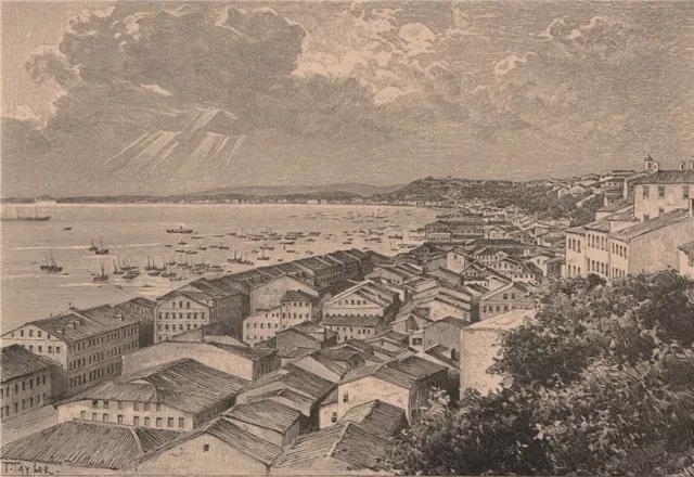 Salvador de Bahia - General view of the bay. Brazil 1885 old antique print