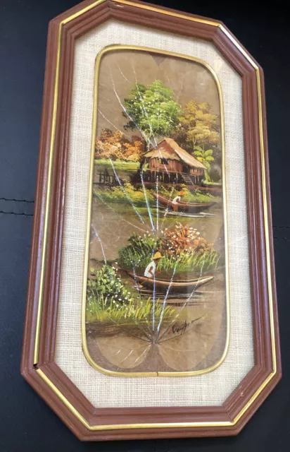 ASIAN Village Vintage Beautiful HAND PAINTED ON NATURAL LEAVES Framed