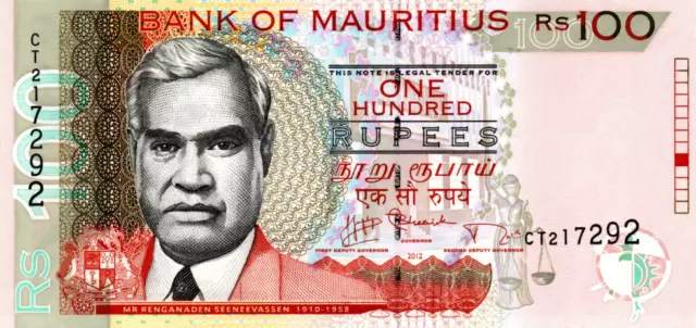 Mauritius 100 Rupees 2012 UNC Banknote P-56d Prefix CT Paper Money